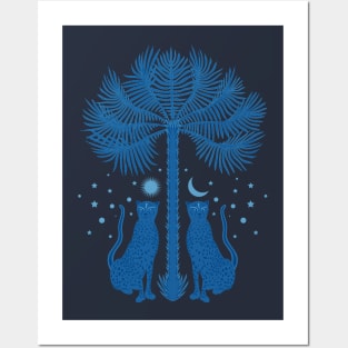 Cheetah Twins and Palm Tree in Blue Posters and Art